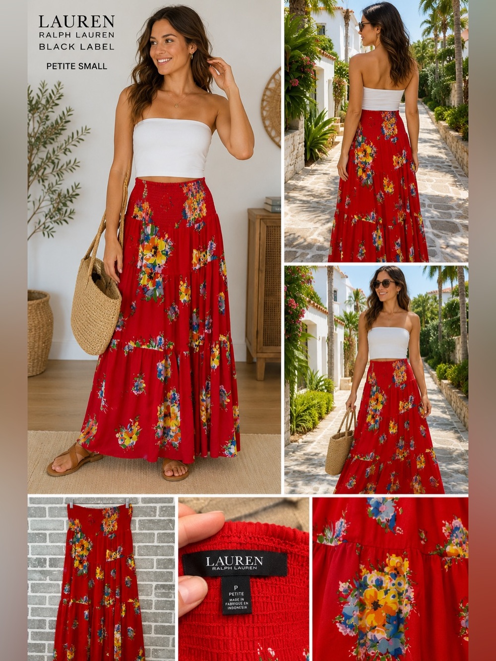 Lauren Ralph Lauren Black Label Red Floral Smocked Tiered Maxi Skirt Size‎ SP
